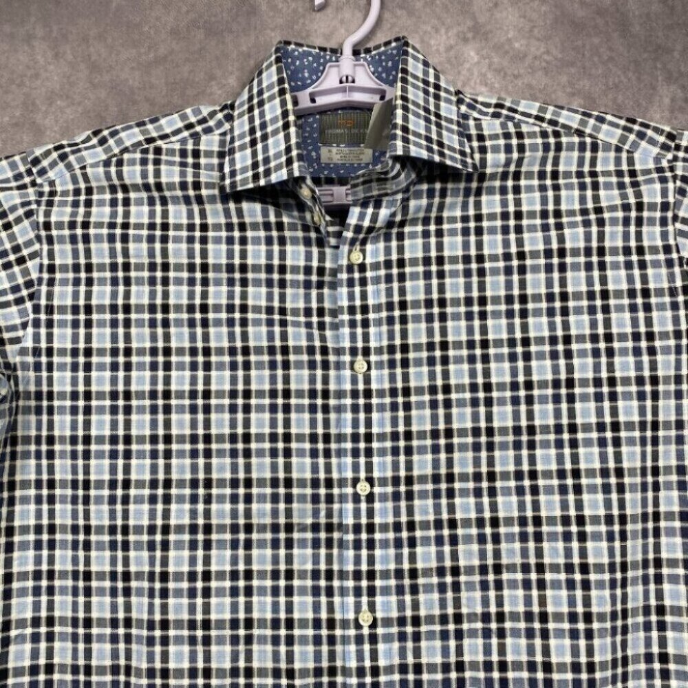 Thomas Dean Button Shirt Mens XL Blue Plaid Long Sleeve Floral Cuffs Casual